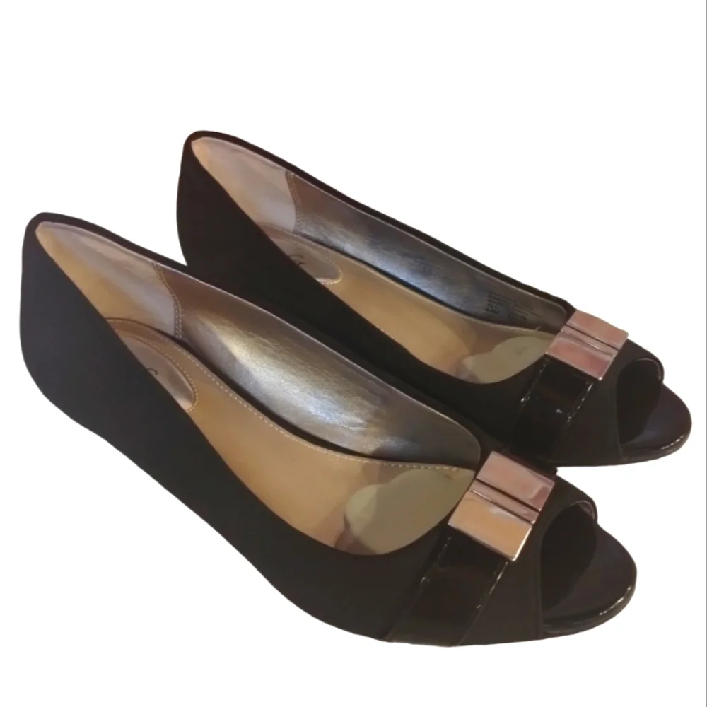 Alfani Step N Flex Chorde Black Open Toe Wedge Heels Size 8.5